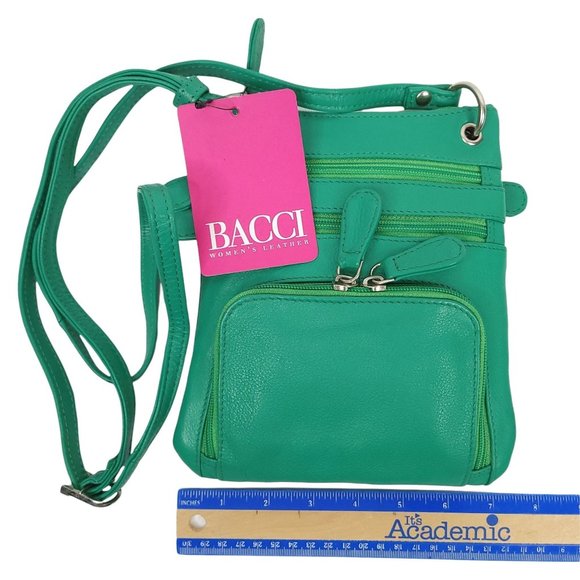 Bacci Crossbody Purse Handbag Adjustable Strap 5 Pocket Card Leather Green - Picture 9 of 9